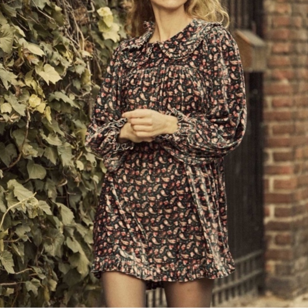 Doen Nora Mini Dress Teal Canterbury Paisley Velvet Floral Medium
